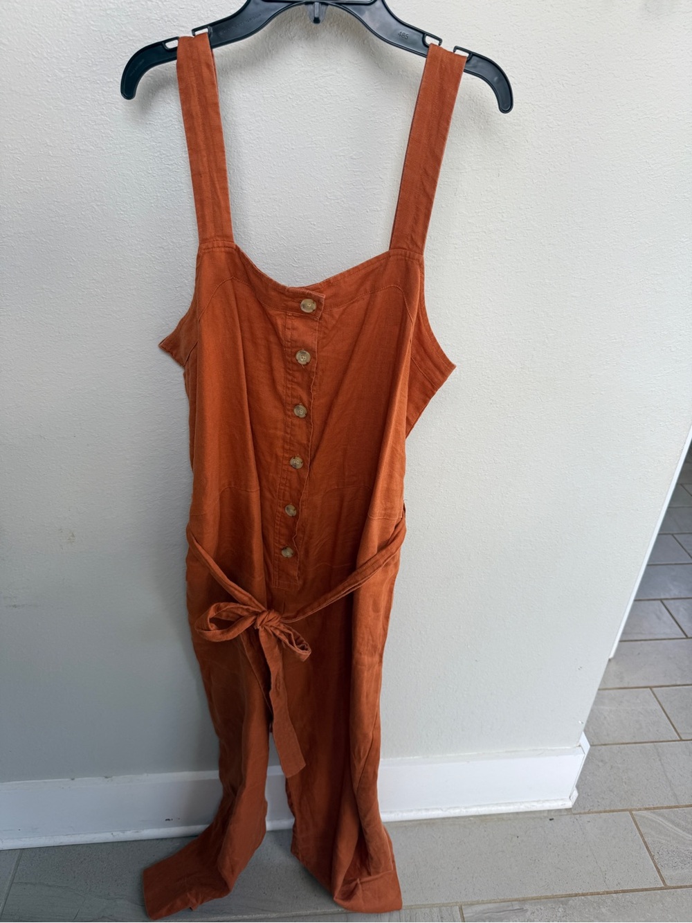 Everlane Burnt Orange Button-Front Linen Jumpsuit with Tie Belt